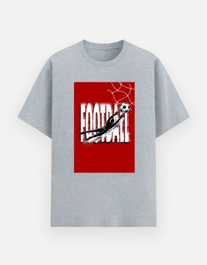 Print 999 grey poly-cotton t-shirt featuring a red graphic of a goalkeeper diving for a football in a goal net.