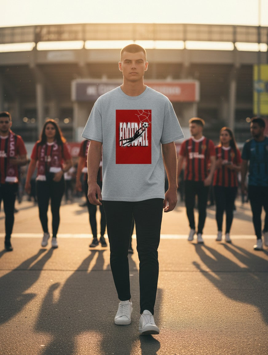 Print 999 grey poly-cotton graphic t-shirt featuring a football design, worn by a man walking outside a stadium.