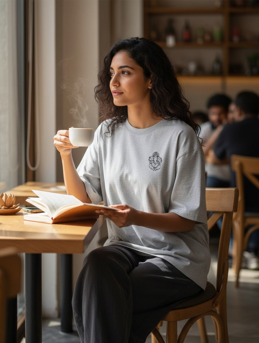 Print 999 grey oversized cotton t-shirt with Ganesha print worn by a woman reading in a cafe with a coffee cup