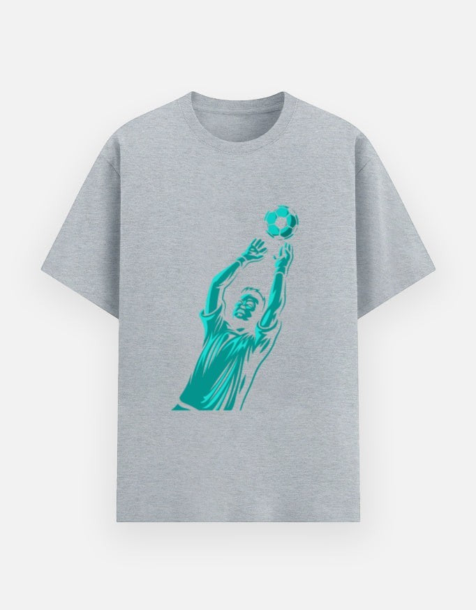 Print 999 grey cotton crew neck t-shirt featuring a teal graphic of a goalkeeper catching a soccer ball.