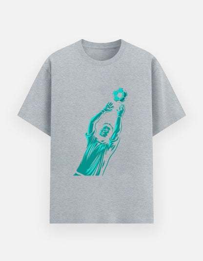Print 999 grey cotton crew neck t-shirt featuring a teal graphic of a goalkeeper catching a soccer ball.