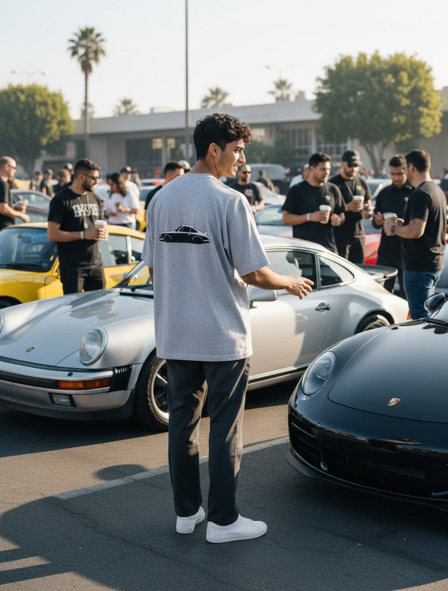 Man wearing a Print 999 grey oversized t-shirt with a vintage car graphic at a car show.