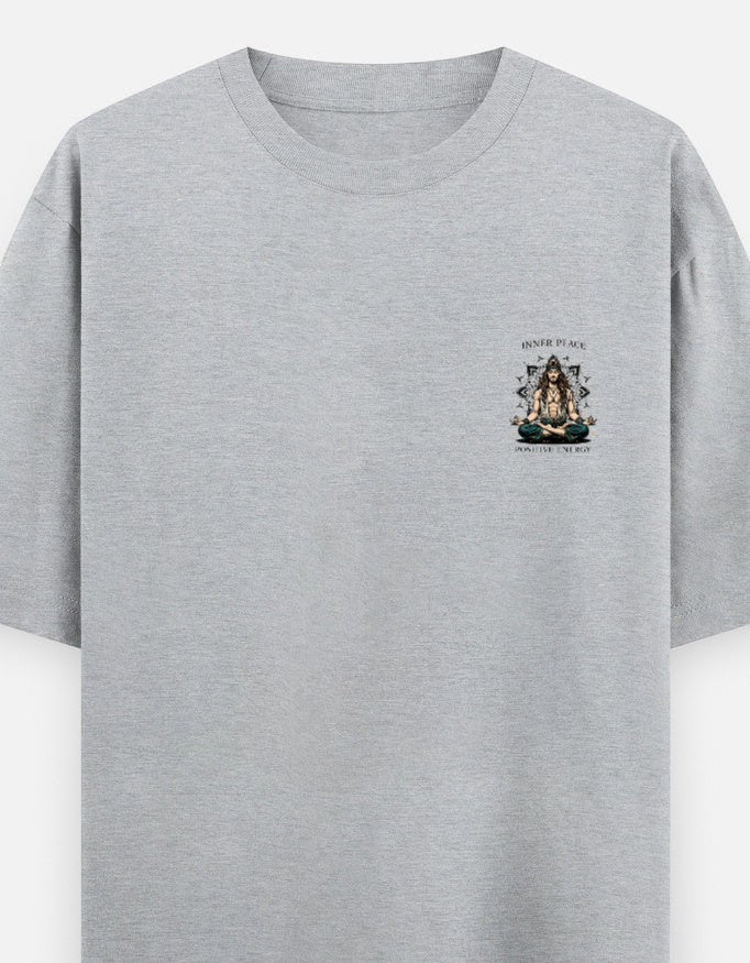 Print 999 grey oversized heavyweight cotton t-shirt with a small spiritual meditation chest emblem