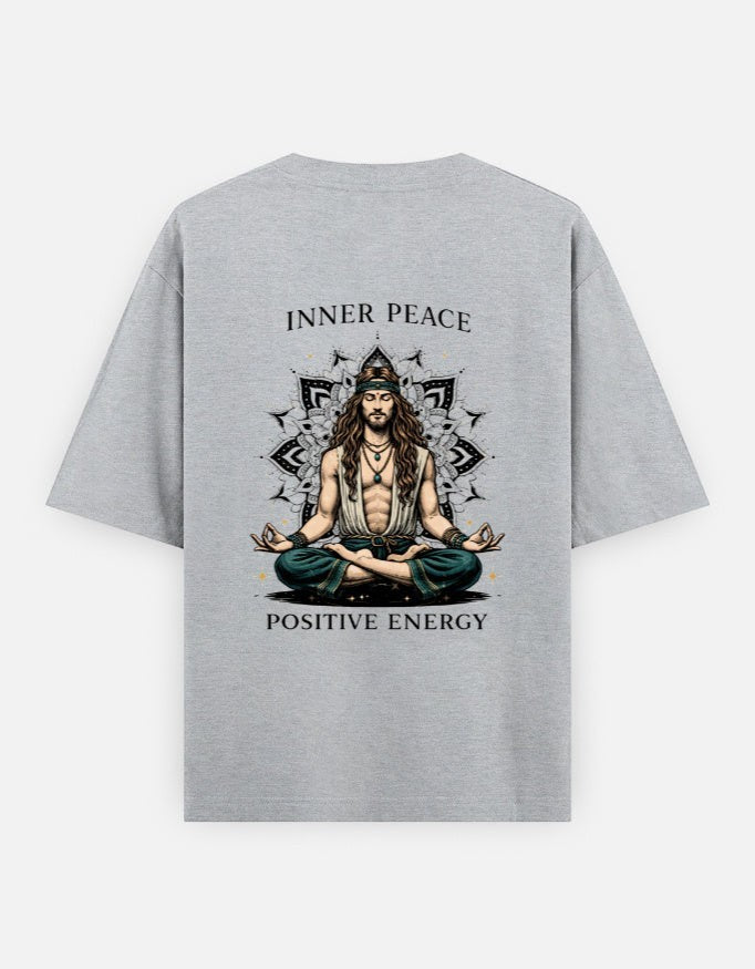 Print 999 grey oversized cotton t-shirt featuring a back print of a meditating man with mandala and spiritual text.