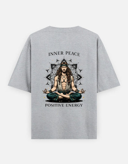 Print 999 grey oversized cotton t-shirt featuring a back print of a meditating man with mandala and spiritual text.