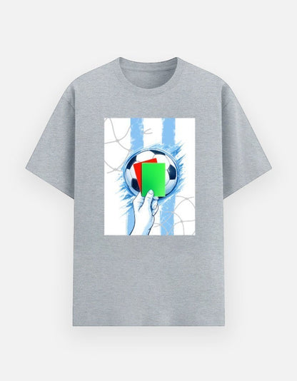 Print 999 grey poly-cotton unisex t-shirt featuring a World Cup soccer graphic with red and green penalty cards.