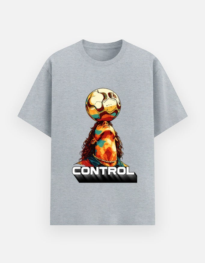 Print 999 grey poly-cotton unisex graphic t-shirt featuring a colorful soccer player balancing a ball on their head