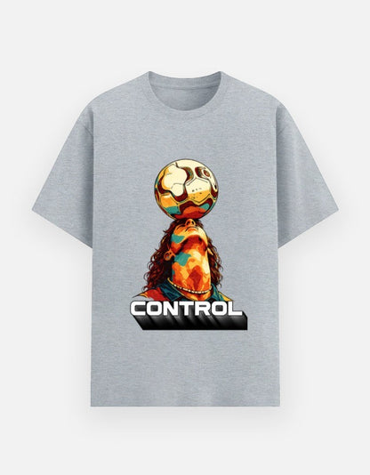 Print 999 grey poly-cotton unisex graphic t-shirt featuring a colorful soccer player balancing a ball on their head