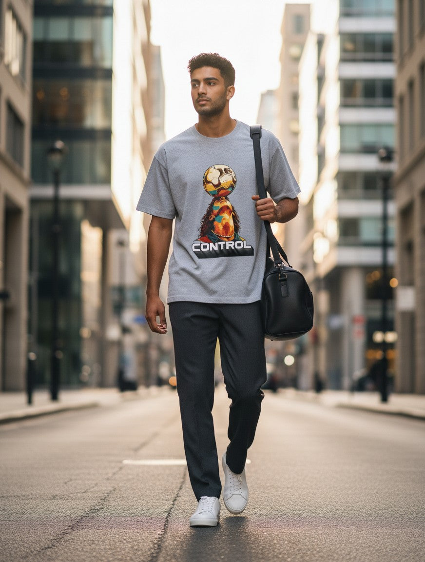 Print 999 grey graphic t-shirt featuring a soccer ball design worn by a man walking on a city street.