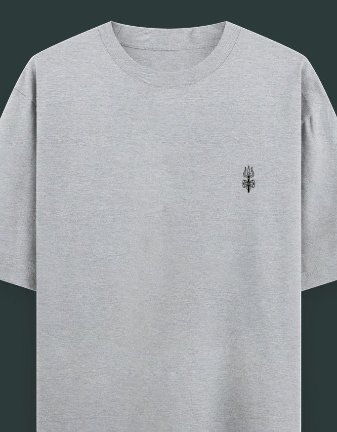 Print 999 grey oversized heavyweight cotton t-shirt featuring a minimal black Shiva Trishul line art chest print.