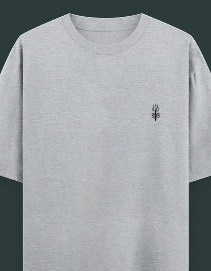 Print 999 grey oversized heavyweight cotton t-shirt featuring a minimal black Shiva Trishul line art chest print.