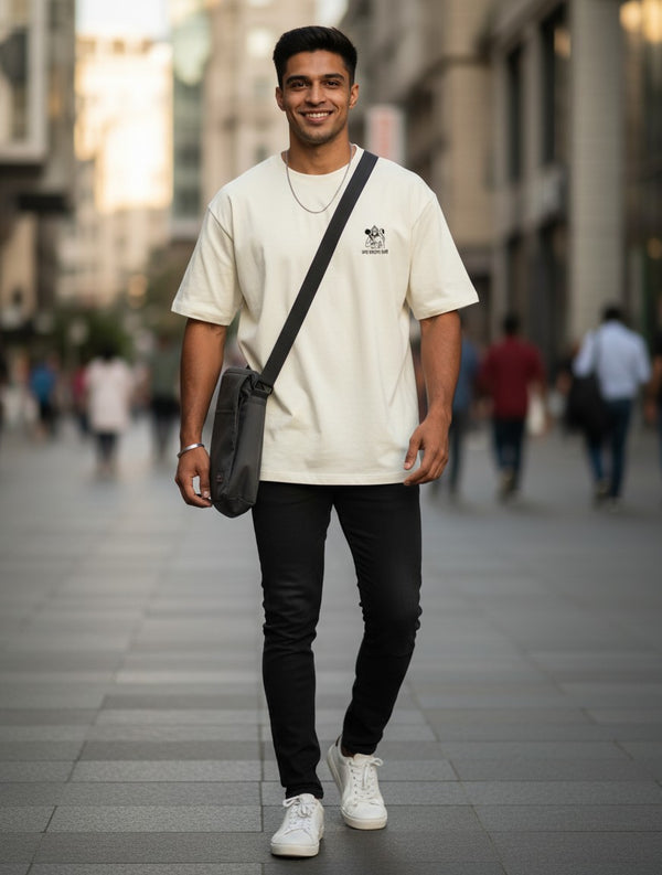 Print 999 oversized cream t-shirt with Hanuman Ji chest emblem worn by a man with a crossbody bag on a city street.