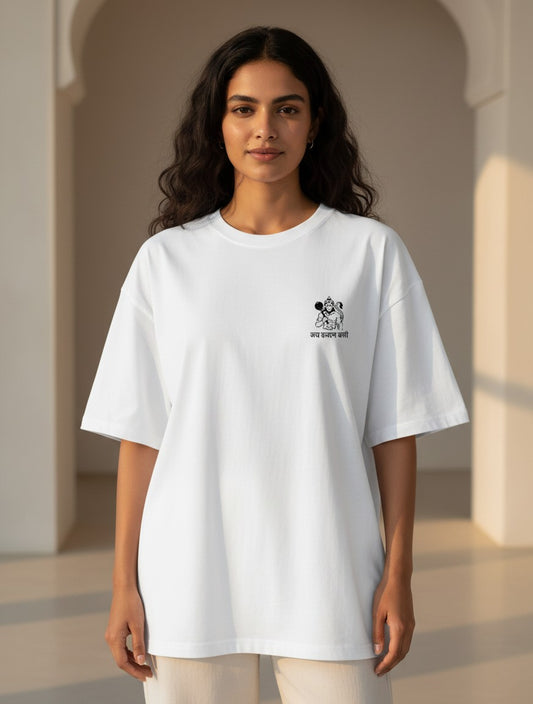 Woman wearing a Print 999 white oversized cotton t-shirt with a small black Hanuman Ji graphic on the chest