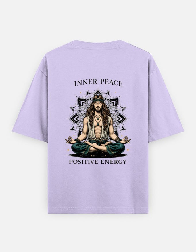 Print 999 lavender oversized cotton t-shirt with a back print of a meditating man and spiritual mandala artwork.