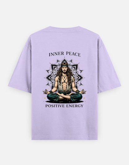 Print 999 lavender oversized cotton t-shirt with a back print of a meditating man and spiritual mandala artwork.