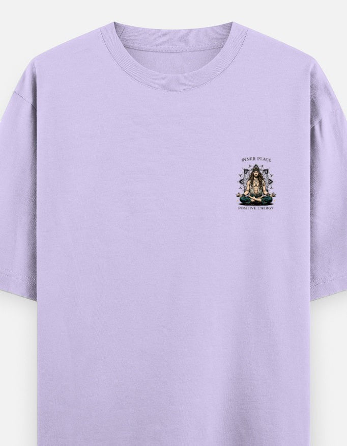 Print 999 lavender oversized heavyweight cotton t-shirt with a small spiritual meditation chest emblem