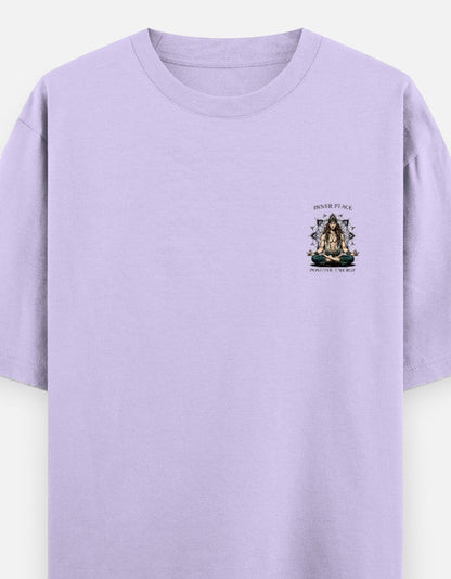 Print 999 lavender oversized heavyweight cotton t-shirt with a small spiritual meditation chest emblem
