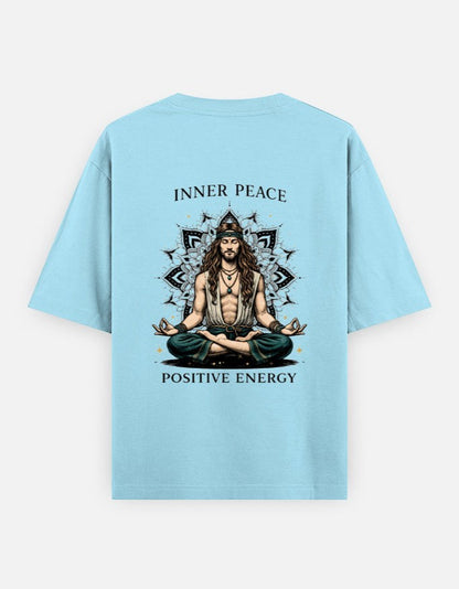 Print 999 light blue oversized heavyweight cotton t-shirt featuring a back print of a man meditating in a mandala.