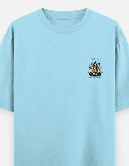 Print 999 light blue oversized heavyweight cotton t-shirt with a small spiritual meditation chest emblem.
