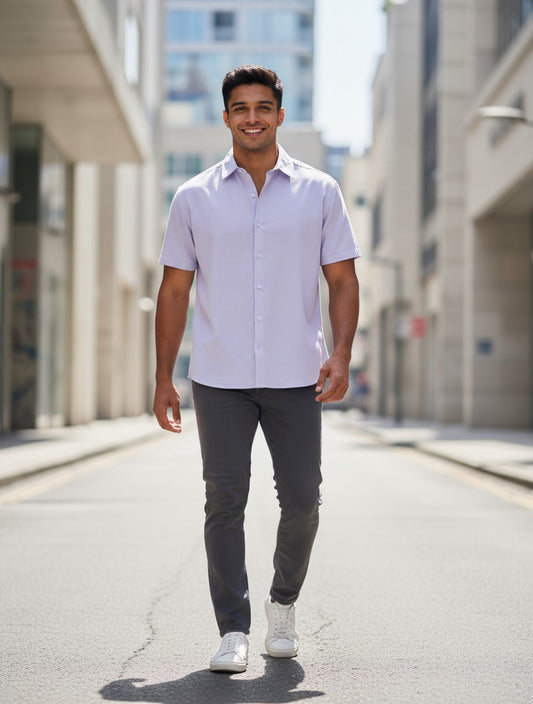 Print 999 model wearing a light purple short-sleeve button-down shirt with grey trousers and white sneakers outdoors.