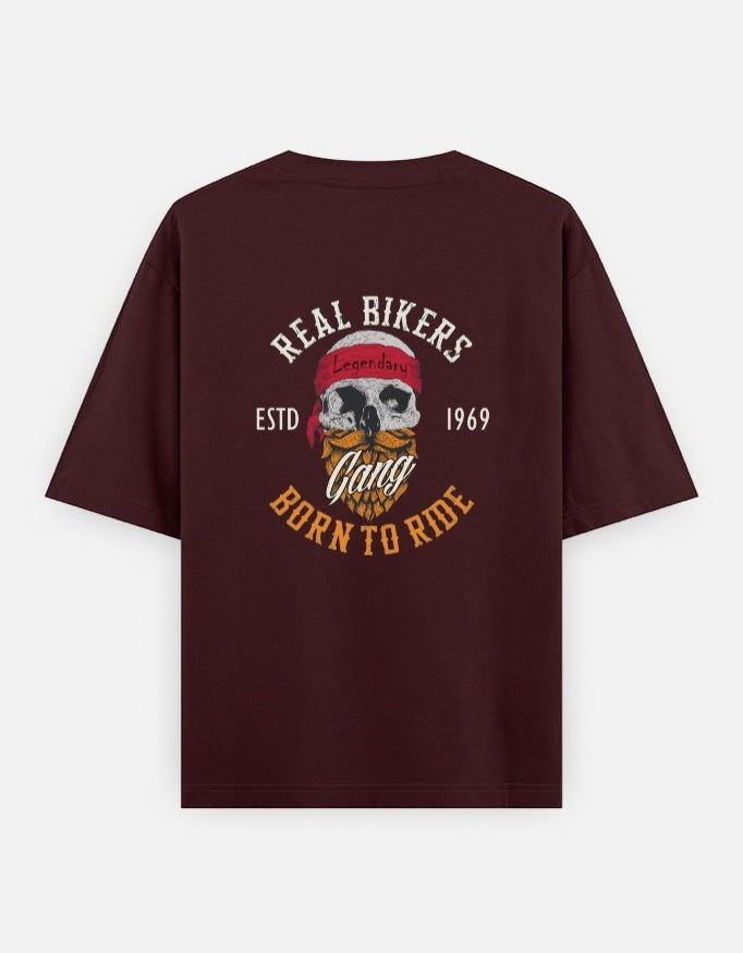 Print 999 oversized maroon biker t-shirt with a vintage skull graphic and Born To Ride text on the back