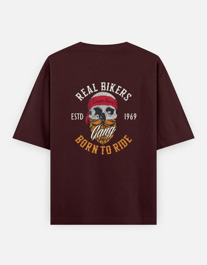 Print 999 oversized maroon biker t-shirt with a vintage skull graphic and Born To Ride text on the back