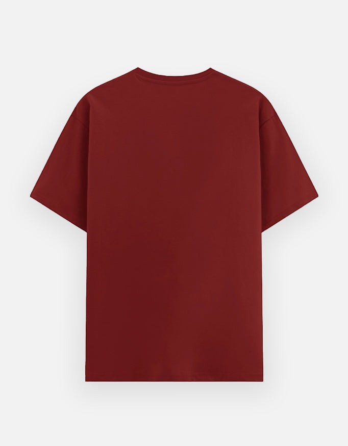 Print 999 maroon cotton crewneck t-shirt, back view, showing a plain solid-colored short sleeve design.