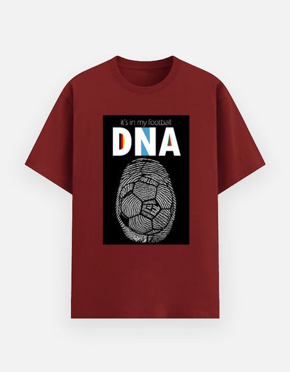 Print 999 maroon cotton crewneck t-shirt featuring a football DNA fingerprint graphic print on the chest.