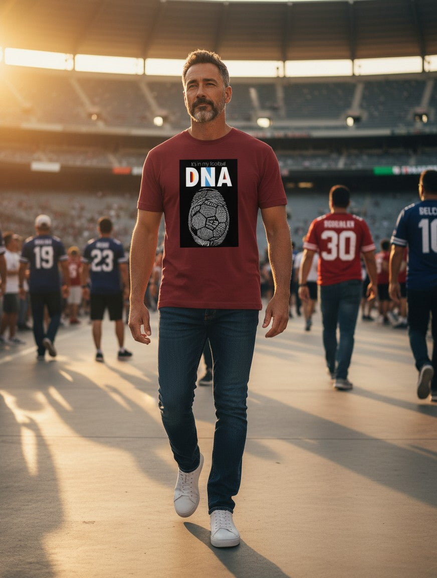 Print 999 maroon cotton crewneck t-shirt with a football DNA graphic print worn by a man at a stadium