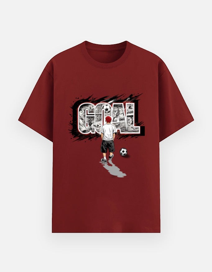 Print 999 maroon cotton crew neck t-shirt featuring a graphic of a football player and the word GOAL