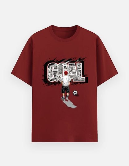 Print 999 maroon cotton crew neck t-shirt featuring a graphic of a football player and the word GOAL