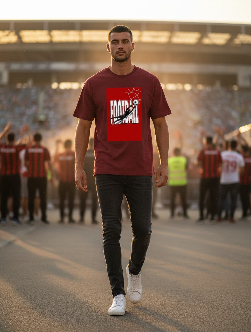 Man wearing a Print 999 maroon poly-cotton graphic t-shirt with a football design, standing on a stadium pitch.