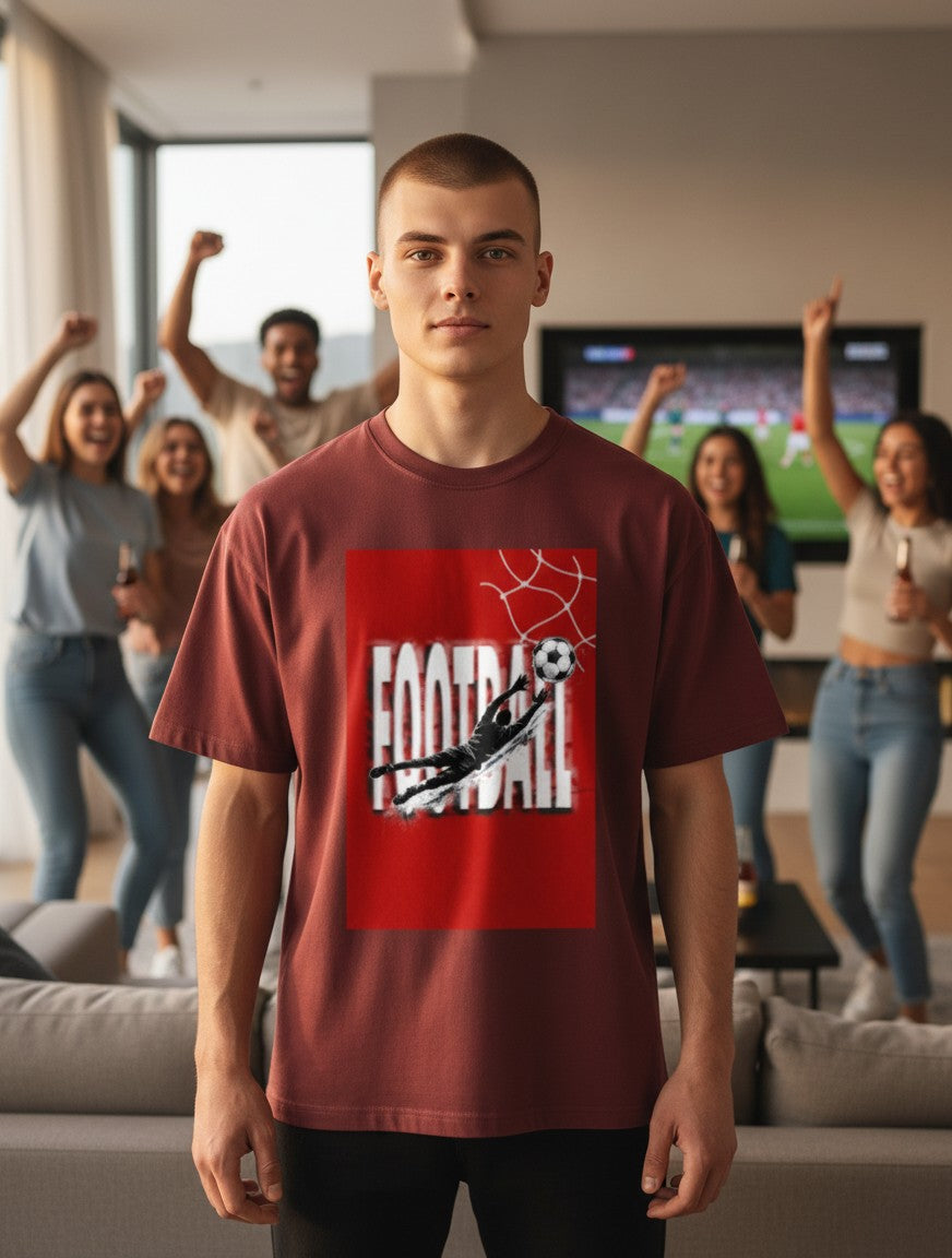 Print 999 maroon unisex poly-cotton graphic t-shirt featuring a football goalkeeper print, worn by a man indoors.