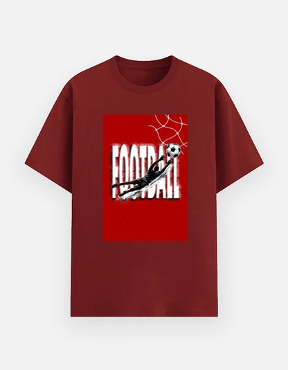 Print 999 maroon poly-cotton t-shirt featuring a football goalkeeper graphic and bold text for sports fans.