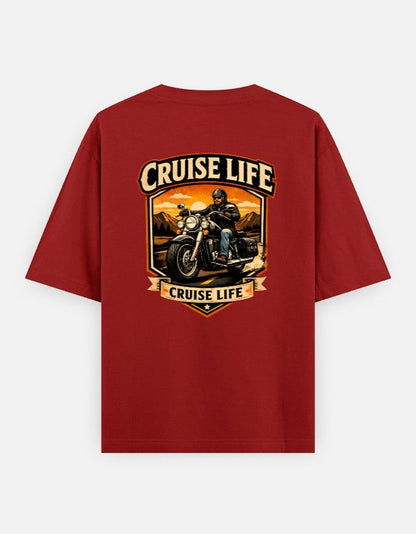 Print 999 maroon oversized cotton t-shirt featuring a back graphic of a motorcyclist on a scenic road trip.