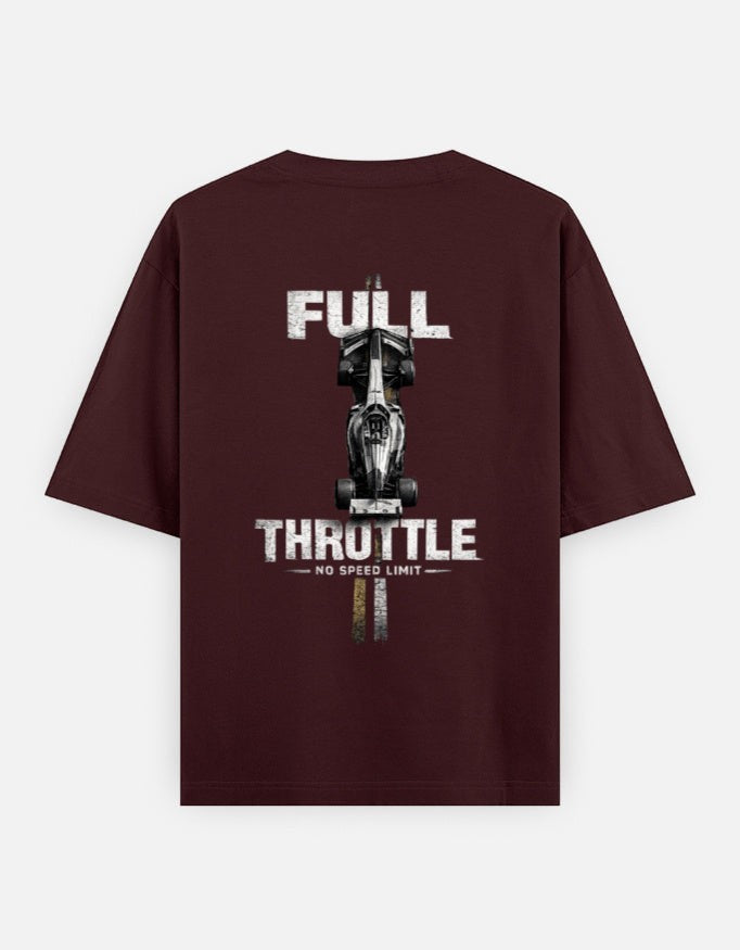 Print 999 maroon oversized cotton t-shirt with a bold motorsport-inspired Full Throttle graphic on the back