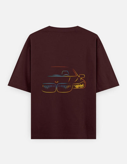 Print 999 oversized maroon cotton t-shirt featuring a neon-style outline graphic of a car front on the back.