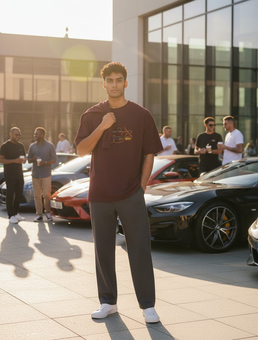 A man wearing a Print 999 maroon oversized cotton t-shirt with a graphic print, standing outdoors near luxury cars.