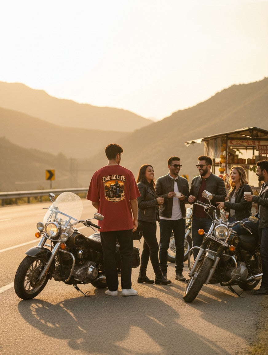Print 999 oversized maroon cotton t-shirt with graphic print worn by a man standing with friends by motorcycles at sunset