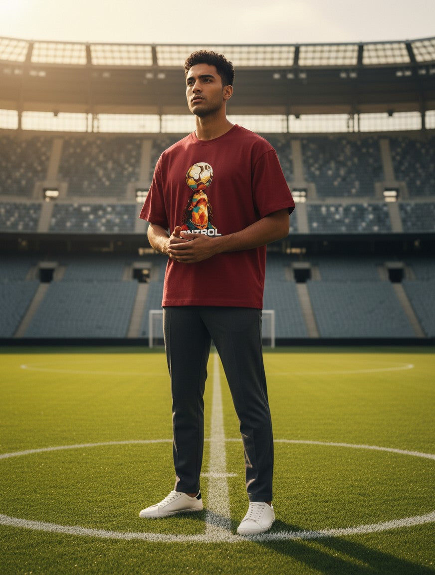 Print 999 maroon graphic t-shirt featuring a soccer ball design worn by a man on a football pitch.