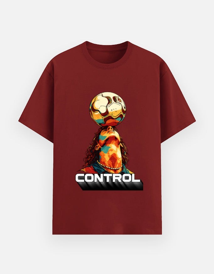 Print 999 maroon unisex poly-cotton graphic t-shirt featuring a soccer player balancing a ball with the word Control