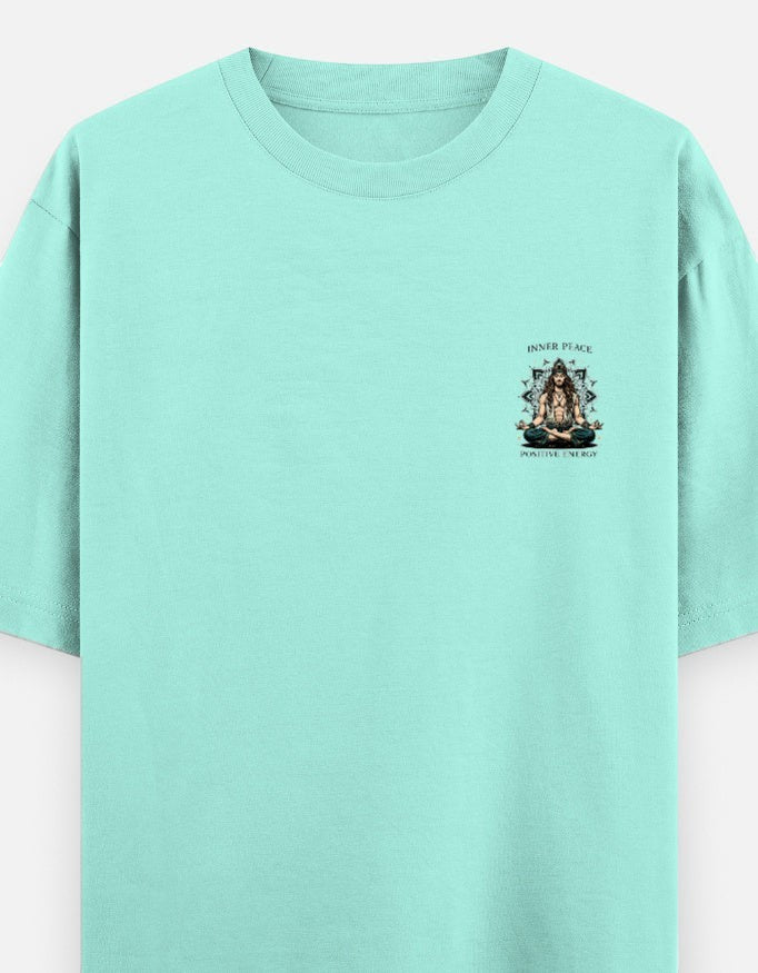 Print 999 mint green heavyweight cotton oversized t-shirt with a small spiritual meditation chest emblem