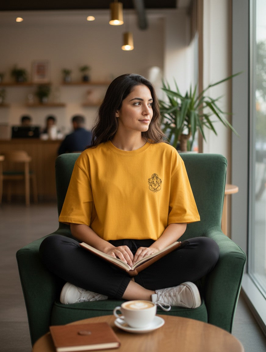 Print 999 mustard yellow oversized cotton t-shirt with Ganesha graphic, worn by a woman sitting in a green armchair.