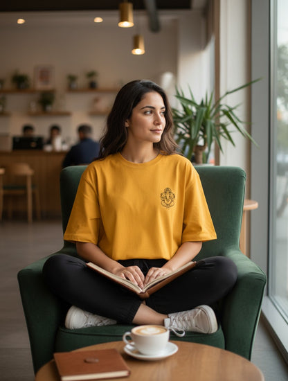 Print 999 mustard yellow oversized cotton t-shirt with Ganesha graphic, worn by a woman sitting in a green armchair.