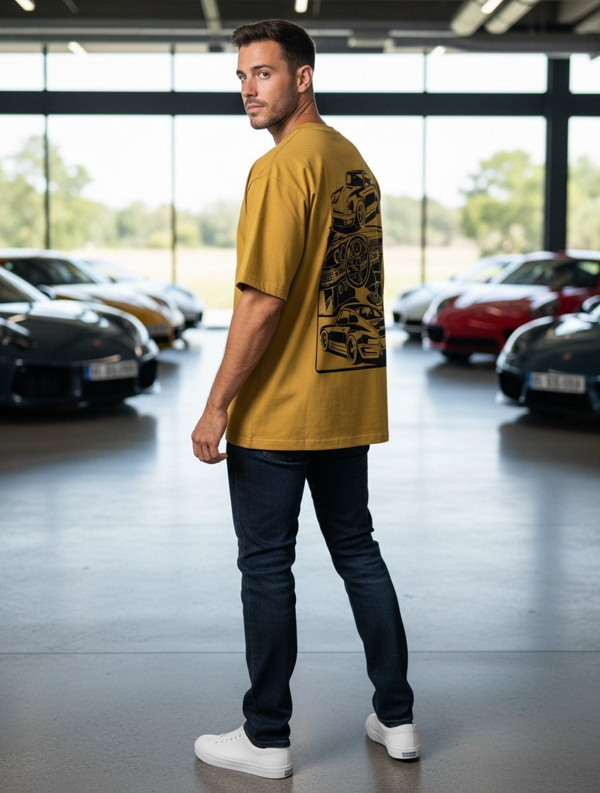 Print 999 oversized mustard yellow cotton t-shirt with automotive back graphic worn by a man in a car showroom