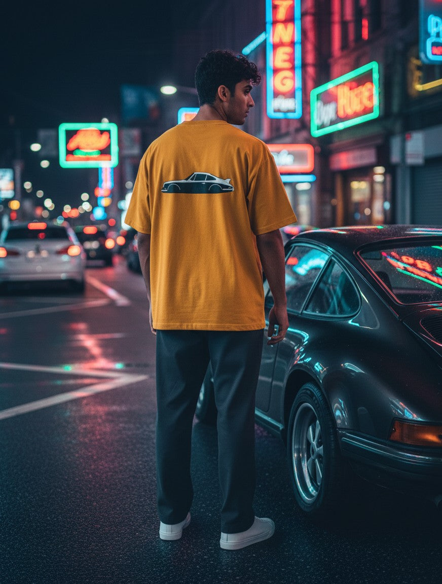Print 999 mustard yellow oversized t-shirt with vintage car graphic, worn by a man on a neon-lit city street at night.