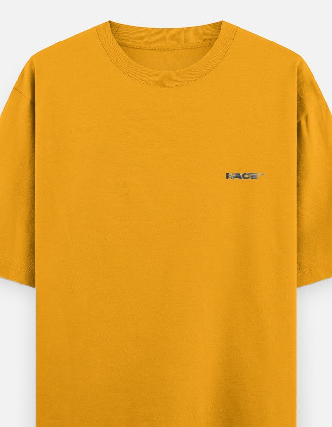 Print 999 mustard yellow heavyweight cotton oversized t-shirt with small Race Mode chest logo