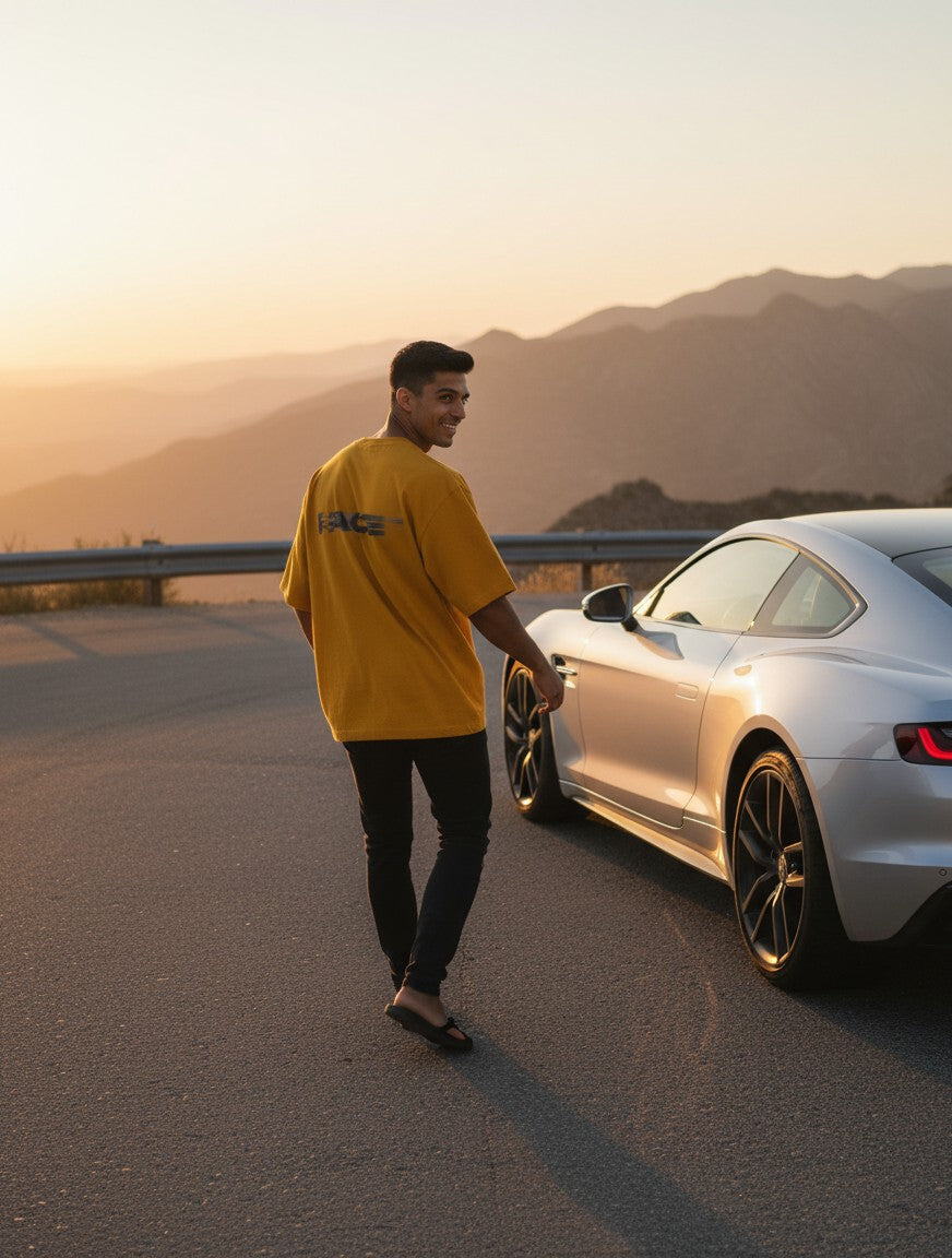 Print 999 mustard yellow oversized t-shirt with back graphic worn by a man walking near a silver sports car at sunset