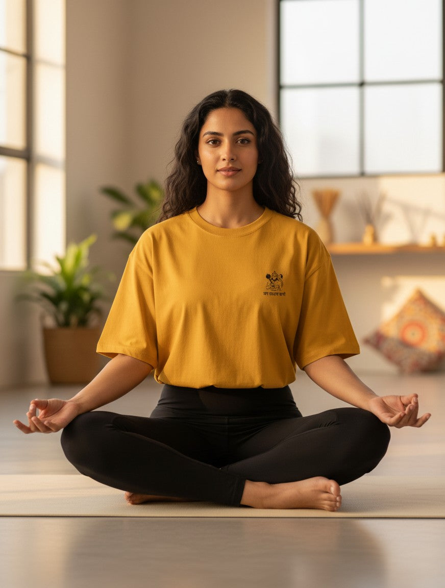 Woman in Print 999 mustard yellow oversized cotton t-shirt with Hanuman graphic sitting in a meditation pose.