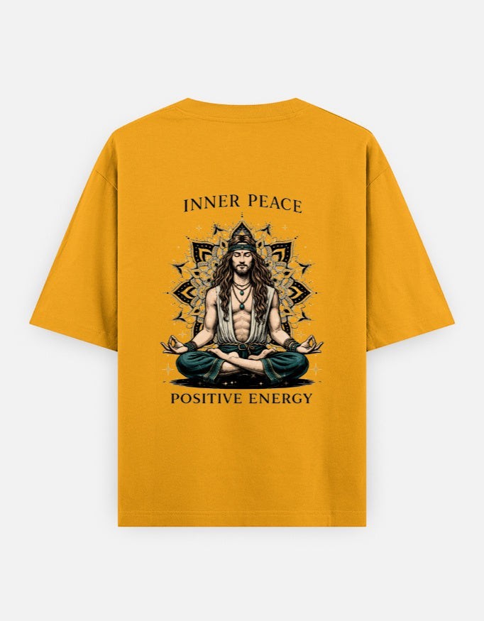 Print 999 mustard yellow oversized cotton t-shirt featuring a detailed spiritual meditation back print design.